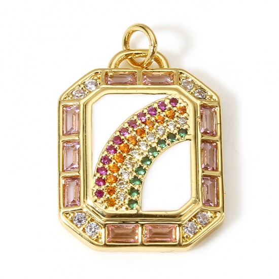 Picture of 1 Piece Brass Weather Collection Charms 18K Real Gold Plated White Rectangle Rainbow Enamel Multicolour Cubic Zirconia 26mm x 17.5mm
