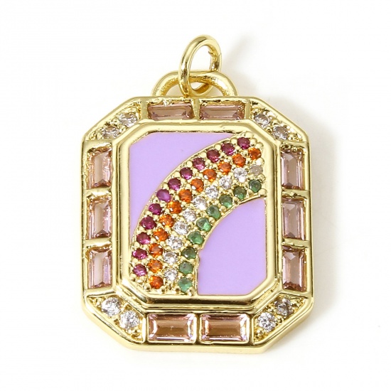 Picture of 1 Piece Brass Weather Collection Charms 18K Real Gold Plated Purple Rectangle Rainbow Enamel Multicolour Cubic Zirconia 26mm x 17.5mm