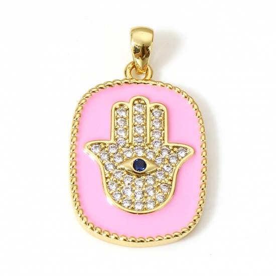 Immagine di 1 Pz Ottone Religione Ciondoli Pendenti Rettangolo 18K Vero Oro Placcato Rosa Mano Simbolo di Hamsa Smalto Trasparente & Blu Cubic Zirconiae 27mm x 16mm