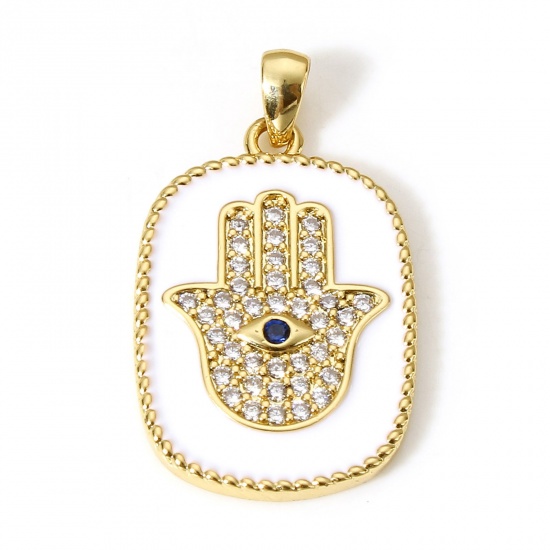 Immagine di 1 Pz Ottone Religione Ciondoli Pendenti Rettangolo 18K Vero Oro Placcato Bianco Mano Simbolo di Hamsa Smalto Trasparente & Blu Cubic Zirconiae 27mm x 16mm
