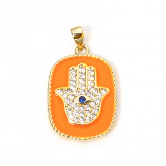 Immagine di 1 Pz Ottone Religione Ciondoli Pendenti Rettangolo 18K Vero Oro Placcato Arancione Mano Simbolo di Hamsa Smalto Trasparente & Blu Cubic Zirconiae 27mm x 16mm