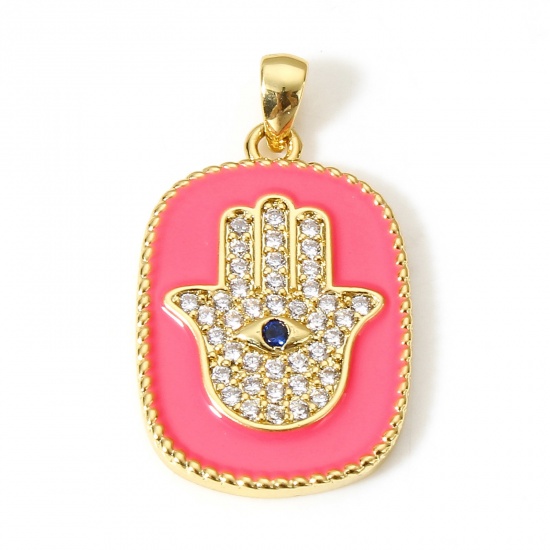 Immagine di 1 Pz Ottone Religione Ciondoli Pendenti Rettangolo 18K Vero Oro Placcato Rosso Prugna Mano Simbolo di Hamsa Smalto Trasparente & Blu Cubic Zirconiae 27mm x 16mm