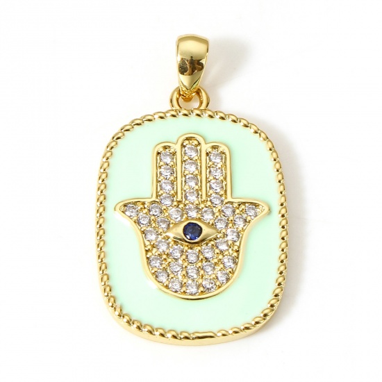 Immagine di 1 Pz Ottone Religione Ciondoli Pendenti Rettangolo 18K Vero Oro Placcato Verde Mano Simbolo di Hamsa Smalto Trasparente & Blu Cubic Zirconiae 27mm x 16mm