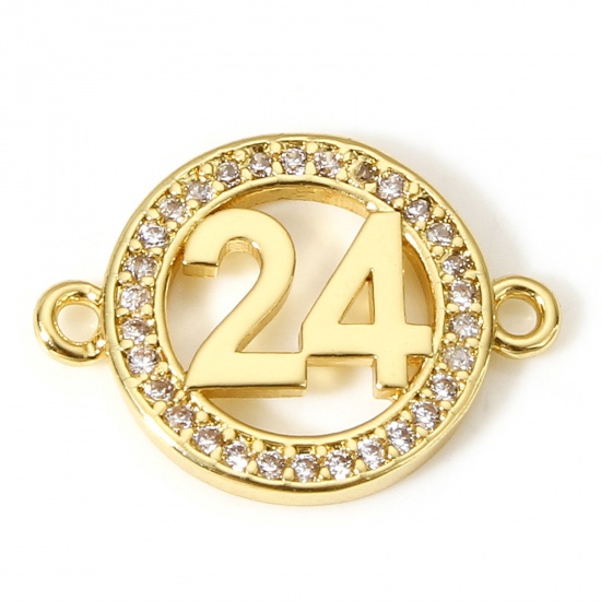 Picture of 1 Piece Brass Year Charms 18K Real Gold Plated Round Message " 24 " Hollow Clear Cubic Zirconia 18mm x 13mm                                                                                                                                                   