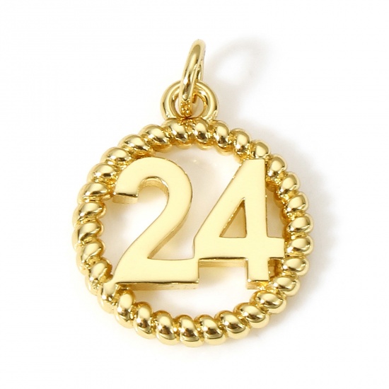 Picture of 1 Piece Brass Year Charms 18K Real Gold Plated Round Message " 24 " Hollow 16mm x 12mm                                                                                                                                                                        
