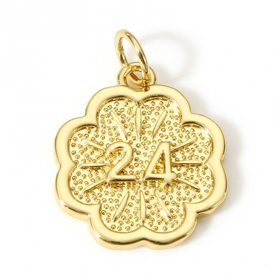 Picture of 1 Piece Brass Year Charms 18K Real Gold Plated Flower Message " 24 " 19mm x 14mm                                                                                                                                                                              