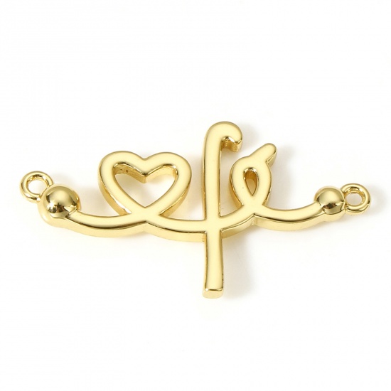 Immagine di 1 Pz Ottone Medico Pendenti Charms Connettori Accessori Elettrocardiogramma Cuore Disegno 18K Vero Oro Placcato 27.5mm x 15.5mm