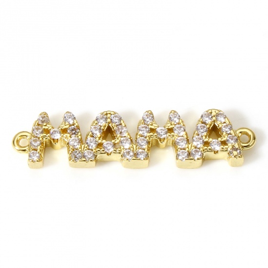 Immagine di 1 Pz Ottone Festa Della Mamma Pendenti Charms Connettori Accessori 18K Vero Oro Placcato Micro Spianare Trasparente Strass Lettere " Mama " 23mm x 5mm