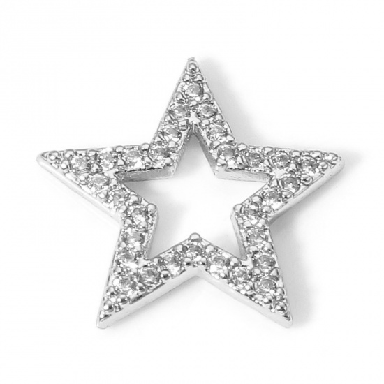 Immagine di 1 Pz Ottone Galassia Pendenti Charms Connettori Accessori Stella a Cinque Punte Vero Platino Placcato Micro Spianare Trasparente Cubic Zirconiae 13mm x 13mm