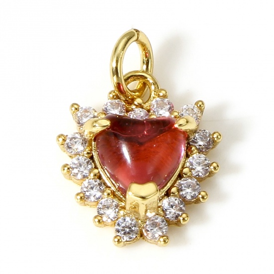 Immagine di 1 Pz Ottone Charms Cuore 18K Vero Oro Placcato Gemma Imitata Trasparente Cubic Zirconiae 12mm x 9mm