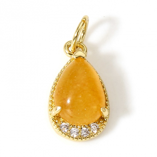 Immagine di 1 Pz Ottone Charms Goccia 18K Vero Oro Placcato Gemma Imitata Trasparente Cubic Zirconiae 16.5mm x 8mm