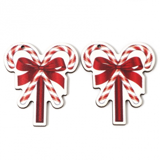 Immagine di 10 Pz Legno Natale Ciondoli Bianco & Rosso Gruccia di Zucchero di Natale Cravatta a Farfalla 5.5cm x 4.7cm