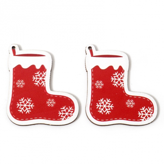 Immagine di 10 Pz Legno Natale Ciondoli Bianco & Rosso Calze Fiocco di Neve 5.4cm x 4.6cm