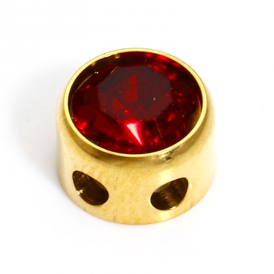 Bild von 1 Stück 304 Edelstahl Monatsstein Perlen für die DIY-Schmuckherstellung Rund 18K Gold plattiert Januar Dunkelrot Strass 7.5mm D., Loch: ca. 1.8mm