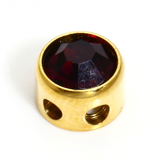 Bild von 1 Stück 304 Edelstahl Monatsstein Perlen für die DIY-Schmuckherstellung Rund 18K Gold plattiert Februar Dunklelila Strass 7.5mm D., Loch: ca. 1.8mm