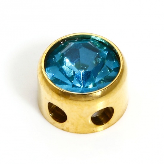 Bild von 1 Stück 304 Edelstahl Monatsstein Perlen für die DIY-Schmuckherstellung Rund 18K Gold plattiert März Saphir Strass 7.5mm D., Loch: ca. 1.8mm
