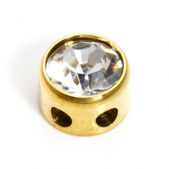 Bild von 1 Stück 304 Edelstahl Monatsstein Perlen für die DIY-Schmuckherstellung Rund 18K Gold plattiert April Transparent Strass 7.5mm D., Loch: ca. 1.8mm