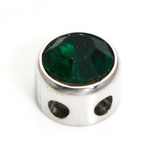 Bild von 1 Stück 304 Edelstahl Monatsstein Perlen für die DIY-Schmuckherstellung Rund Silberfarbe Mai Dunkelgrün Strass 7.5mm D., Loch: ca. 1.8mm