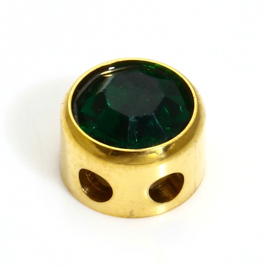 Bild von 1 Stück 304 Edelstahl Monatsstein Perlen für die DIY-Schmuckherstellung Rund 18K Gold plattiert Mai Dunkelgrün Strass 7.5mm D., Loch: ca. 1.8mm