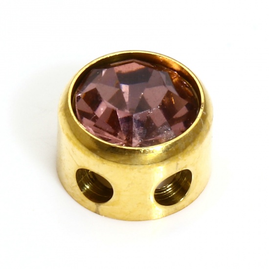 Bild von 1 Stück 304 Edelstahl Monatsstein Perlen für die DIY-Schmuckherstellung Rund 18K Gold plattiert Juni Amethyst Strass 7.5mm D., Loch: ca. 1.8mm