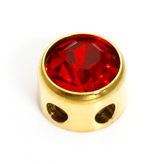 Bild von 1 Stück 304 Edelstahl Monatsstein Perlen für die DIY-Schmuckherstellung Rund 18K Gold plattiert Juli Rot Strass 7.5mm D., Loch: ca. 1.8mm