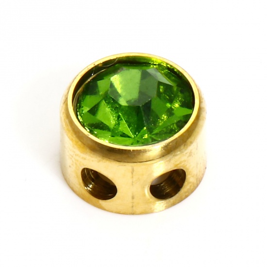 Bild von 1 Stück 304 Edelstahl Monatsstein Perlen für die DIY-Schmuckherstellung Rund 18K Gold plattiert August Grün Strass 7.5mm D., Loch: ca. 1.8mm