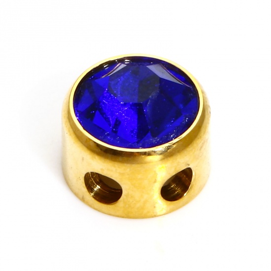 Bild von 1 Stück 304 Edelstahl Monatsstein Perlen für die DIY-Schmuckherstellung Rund 18K Gold plattiert September Saphirblau Strass 7.5mm D., Loch: ca. 1.8mm