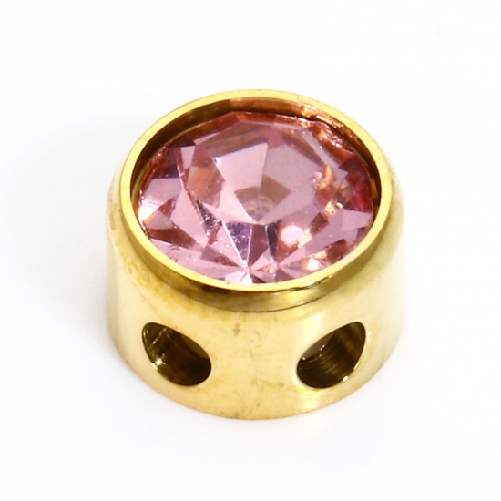 Bild von 1 Stück 304 Edelstahl Monatsstein Perlen für die DIY-Schmuckherstellung Rund 18K Gold plattiert Oktober Rosa Strass 7.5mm D., Loch: ca. 1.8mm