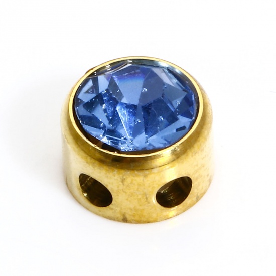 Bild von 1 Stück 304 Edelstahl Monatsstein Perlen für die DIY-Schmuckherstellung Rund 18K Gold plattiert Dezember Hellblau Strass 7.5mm D., Loch: ca. 1.8mm