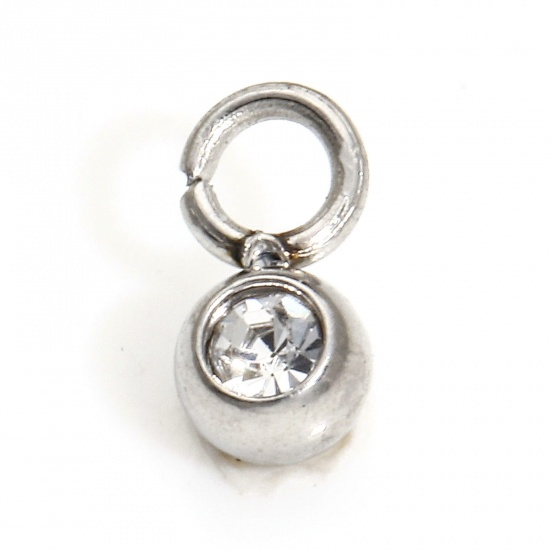 Immagine di 5 Pz 304 Acciaio Inossidabile Pietre Nascita Charms Tondo Tono Argento Aprile Trasparente Strass 6mm x 3mm