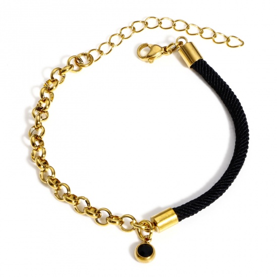 Immagine di 1 Pz 304 Acciaio Inossidabile Impiombatura Rollo Catena Braccialetti Intrecciati Oro Placcato Nero Strass 17cm Lunghezza