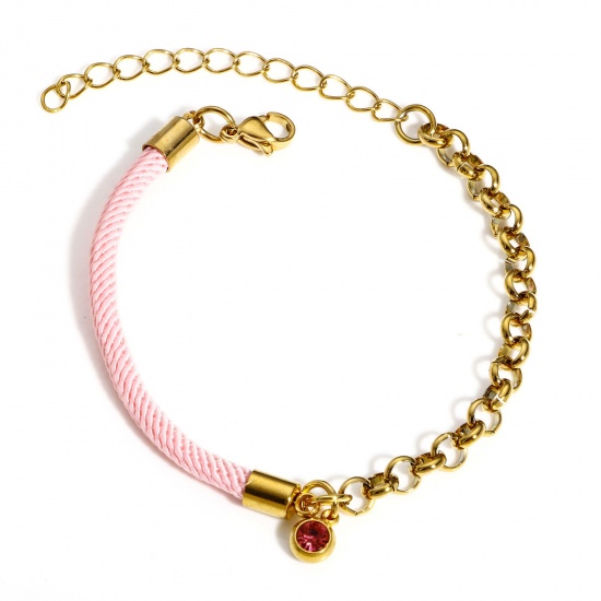 Immagine di 1 Pz 304 Acciaio Inossidabile Impiombatura Rollo Catena Braccialetti Intrecciati Oro Placcato Roso Strass 17cm Lunghezza