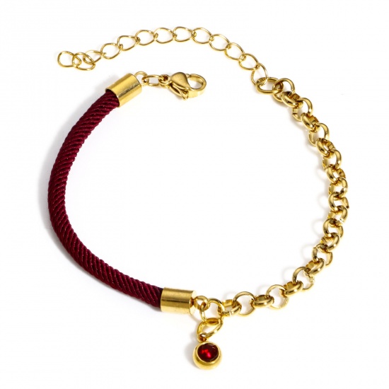 Immagine di 1 Pz 304 Acciaio Inossidabile Impiombatura Rollo Catena Braccialetti Intrecciati Oro Placcato Vino Rosso Strass 17cm Lunghezza