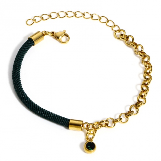 Immagine di 1 Pz 304 Acciaio Inossidabile Impiombatura Rollo Catena Braccialetti Intrecciati Oro Placcato Verde Strass 17cm Lunghezza