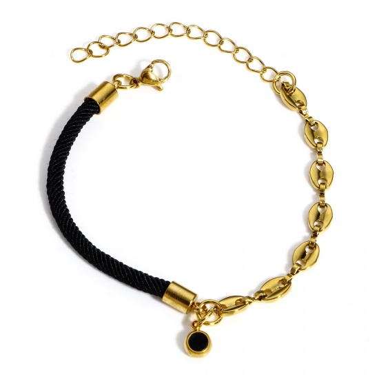 Picture of 1 Piece 304 Stainless Steel Splicing Pig Nose Chain Braided Bracelets Gold Plated Black Rhinestone 17cm(6 6/8") long