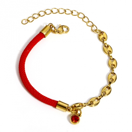 Picture of 1 Piece 304 Stainless Steel Splicing Pig Nose Chain Braided Bracelets Gold Plated Red Rhinestone 17cm(6 6/8") long