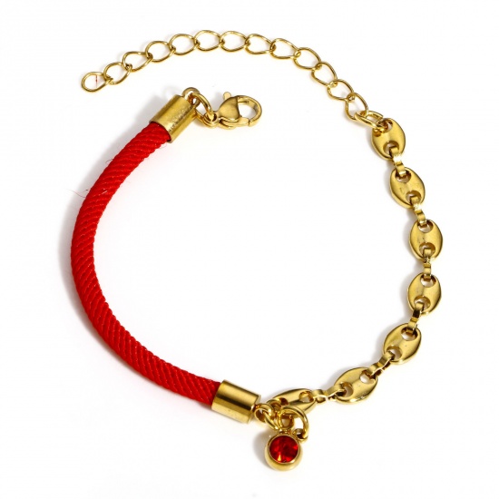 Image de 1 Pièce Bracelets Tressés Chaîne de Nez de Cochon Épissage en 304 Acier Inoxydable Doré Strass Rouge 17cm long