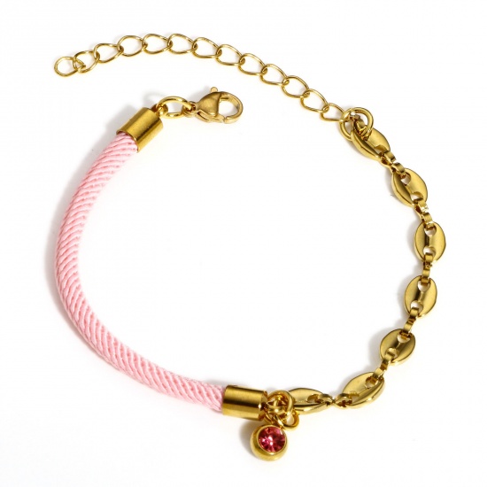 Picture of 1 Piece 304 Stainless Steel Splicing Pig Nose Chain Braided Bracelets Gold Plated Pink Rhinestone 17cm(6 6/8") long