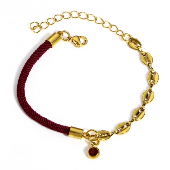 Picture of 1 Piece 304 Stainless Steel Splicing Pig Nose Chain Braided Bracelets Gold Plated Wine Red Rhinestone 17cm(6 6/8") long