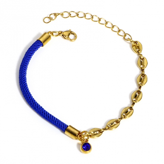 Picture of 1 Piece 304 Stainless Steel Splicing Pig Nose Chain Braided Bracelets Gold Plated Blue Rhinestone 17cm(6 6/8") long
