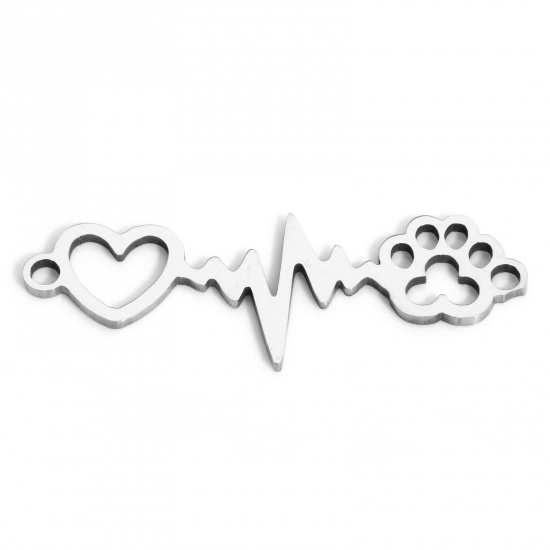 Imagen de 5 Unidades Respetuoso del Medio Ambiente 202 Acero Inoxidable Animal Doméstico Memorial Conectores Dijes Colgantes Tono de Plata Electrocardiograma Huella Hueco 3.3cm x 1.2cm