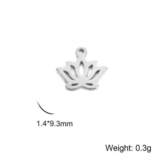 Image de 5 Pcs Breloques en 304 Acier Inoxydable Religieux Fleur de Lotus Argent Mat Creux 14mm x 9.5mm