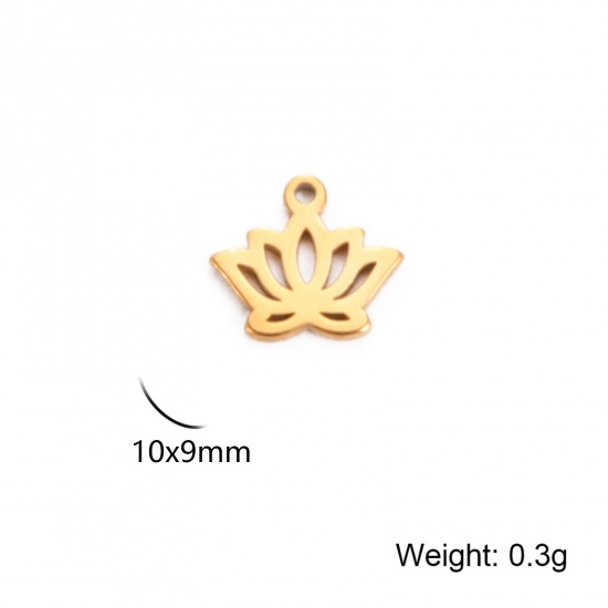 Image de 5 Pcs Breloques en 304 Acier Inoxydable Religieux Doré Fleur de Lotus Creux 10mm x 9mm