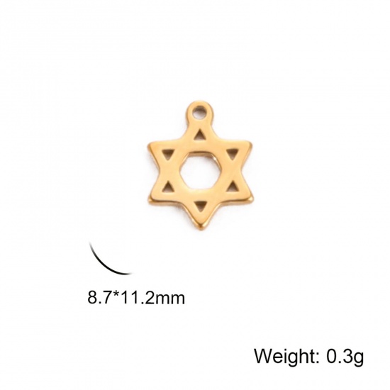 Image de 5 Pcs Breloques en 304 Acier Inoxydable Religieux Doré Etoile de David Creux 11mm x 8.5mm 