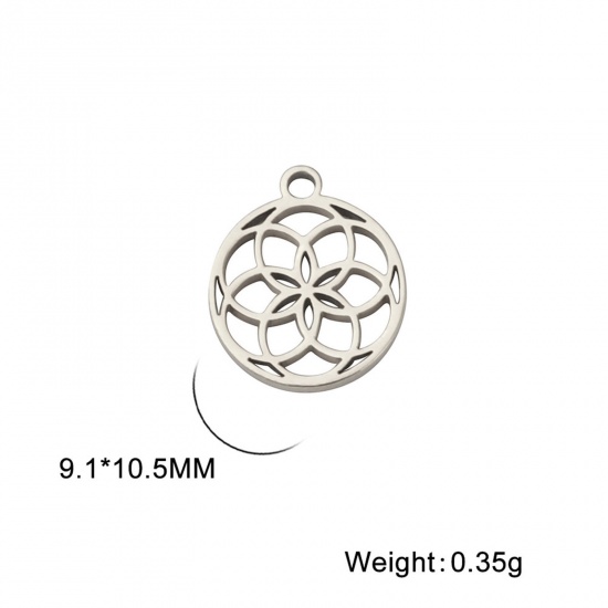 Image de 5 Pcs Breloques en 304 Acier Inoxydable Religieux Rond Argent Mat Fleurs Creuses 9mm x 10.5mm
