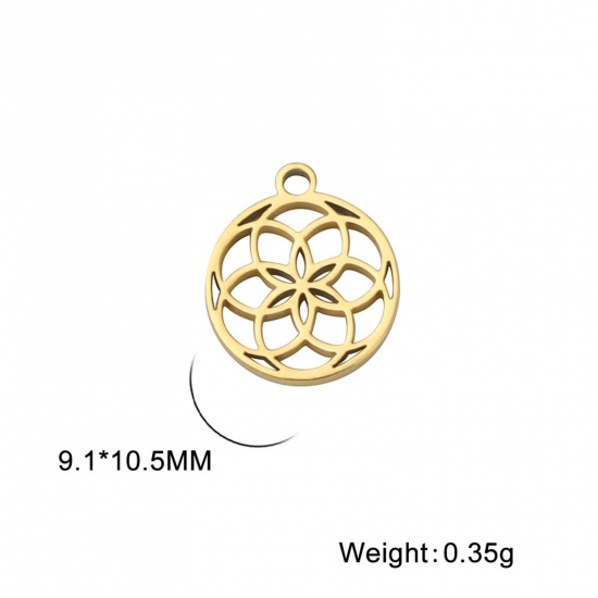 Image de 5 Pcs Breloques en 304 Acier Inoxydable Religieux Rond Doré Fleurs Creuses Creux 9mm x 10.5mm