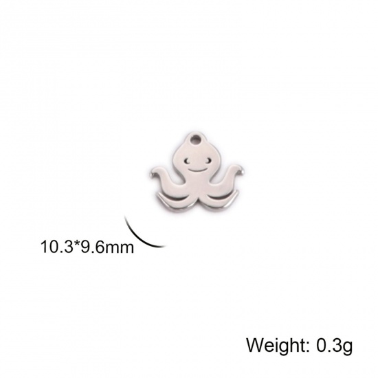 Picture of 5 PCs 304 Stainless Steel Ocean Jewelry Charms Silver Tone Octopus 10mm x 11mm