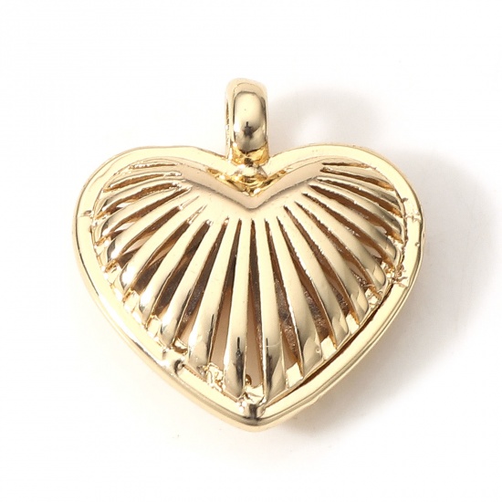 Picture of 2 PCs Brass Valentine's Day Charms 18K Real Gold Plated Heart Stripe Double Sided 16mm x 15mm