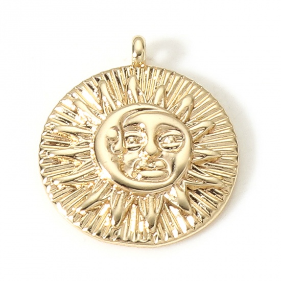 Picture of 2 PCs Brass Galaxy Charms 18K Real Gold Plated Round Sun And Moon Face 16mm x 14mm                                                                                                                                                                            