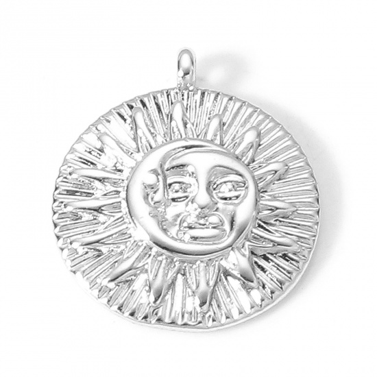 Picture of 2 PCs Brass Galaxy Charms Real Platinum Plated Round Sun And Moon Face 16mm x 14mm                                                                                                                                                                            
